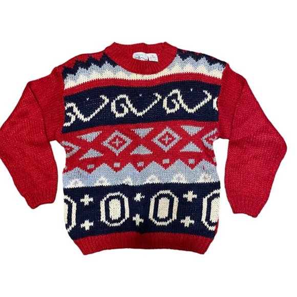 Lindsay Gray Essentials KNIT CREW NECK SWEATER Red Blue White EUC Medium VINTAGE - Picture 2 of 9